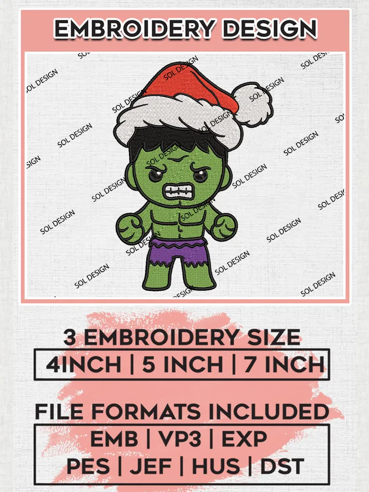 Baby Santa Hulk Christmas Embroidery Design Files, Marvel Christmas Machine Embroidery, Superhero Embroidery, 3 sizes, Cute Christmas Machine embroidery designs, Digital Download