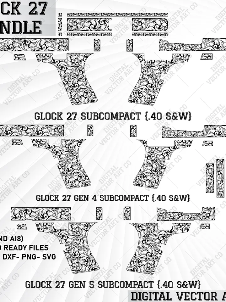Glock 27, Glock 27 Gen 4, Glock 27 Gen 5 Scroll Design.Glock Patterns, svg glock file, Glock scroll Design,glock engraving,gun engraving,svg