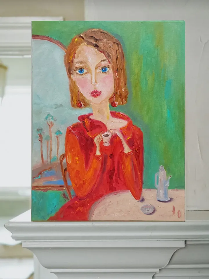 Oil painting on canvas "Portrait of woman in red. Imitating Modigliani" 40x50cm (16x20inch)The painting is sold. A copy is possible.