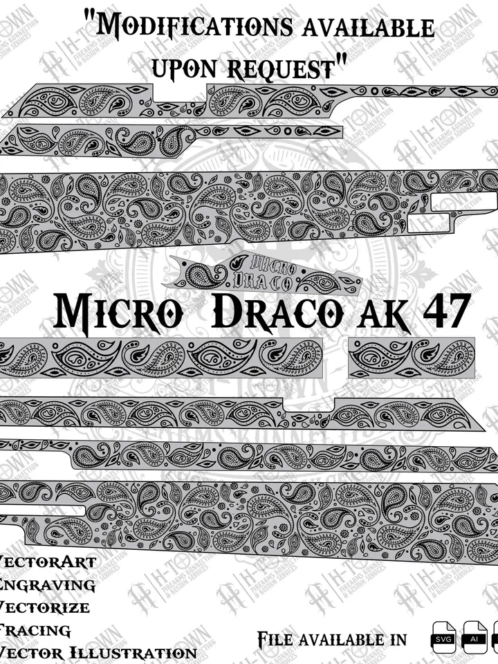 Micro Draco AK47 Paisley Engraving Design | Laser Ready Gun Vector | Svg Ai EPS PNG Digital Download&quot;