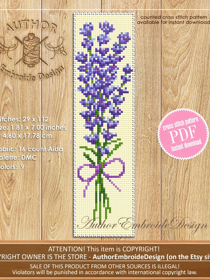 Flower bookmark set cross stitch pattern PDF download Floral bookmark for women, Bookmark pattern digital PDF Lavender, Sakura, Cotton #B265