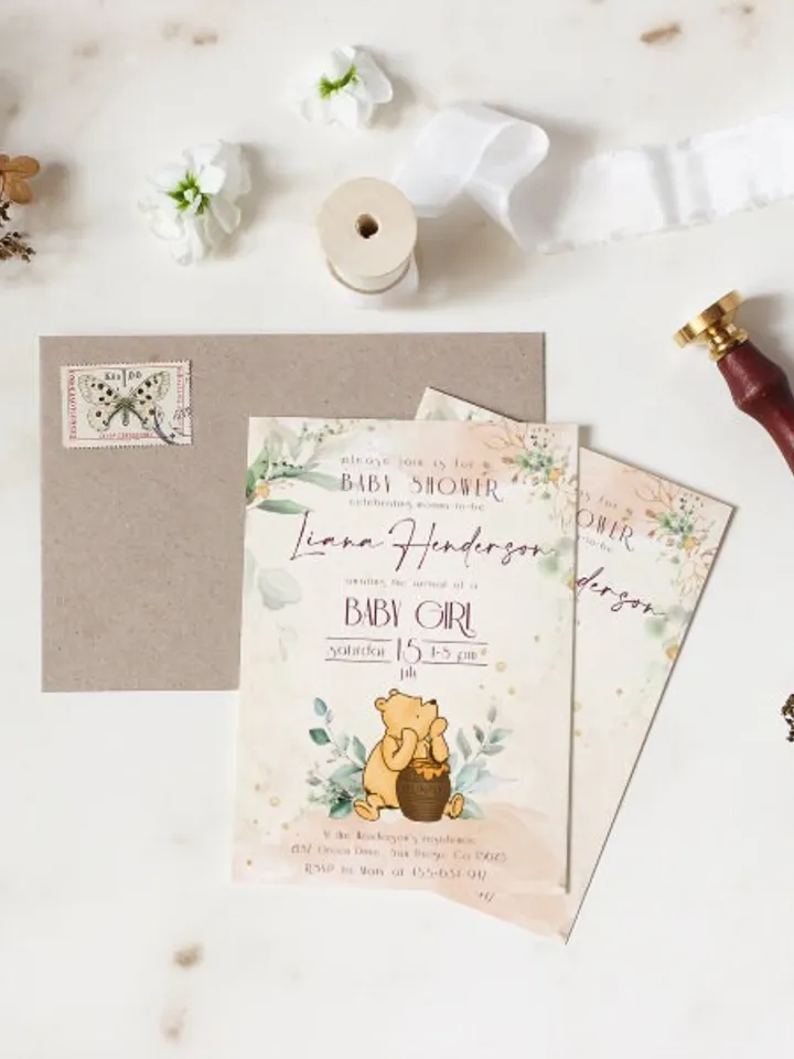 Classic Winnie Pooh Baby Shower Invitation; Girl Baby Shower Template; Gentle Rose Baby Shower Invite; Honey Bear Invite; Winnie Templat