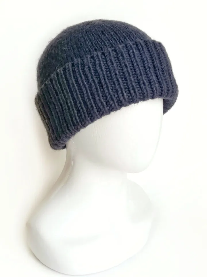 Handmade Alpaca Wool Seamless Blue Men's Winter Hat Warm and Cozy Handcrafted Knitwear, Fold-Up Cuff, Hand-Knit Beanie. FREE SHIPPING!