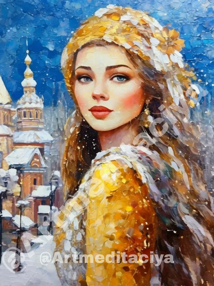 Digital abstract texture painting "Russian Winter", a blue-eyed blonde in a white and yellow winter outfit on an abstract winter background of an ancient Novgorod landscape, made in the ethnic style of oil painting with a palette knife