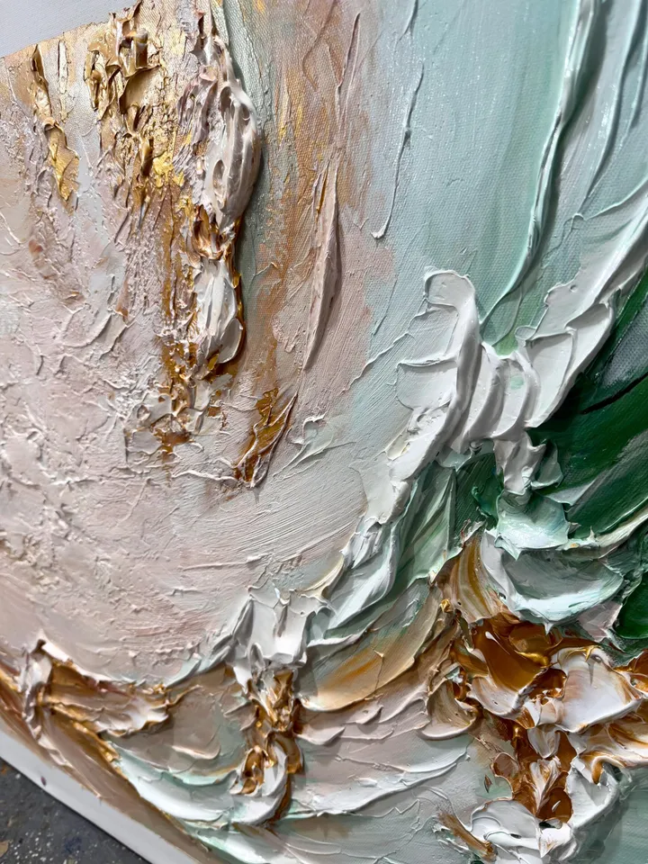 Original Abstract Golden Waves Oil Painting on Canvas | Elegant White, Gold, and Teal Art | Large Textured Wall Decor | Living room Wall Art