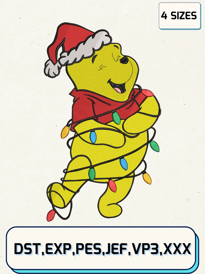 Winnie The Pooh Christmas Lights Embroidery Design,Christmas Embroidery Designs,Machine Embroidery Files,Pooh Embroidery Design,4 sizes