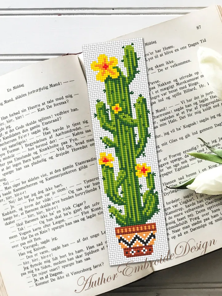 Cactus bookmark cross stitch pattern PDF download Blooming cactus cross stitch chart, Floral bookmark pattern digital, Saguaro cactus #B333