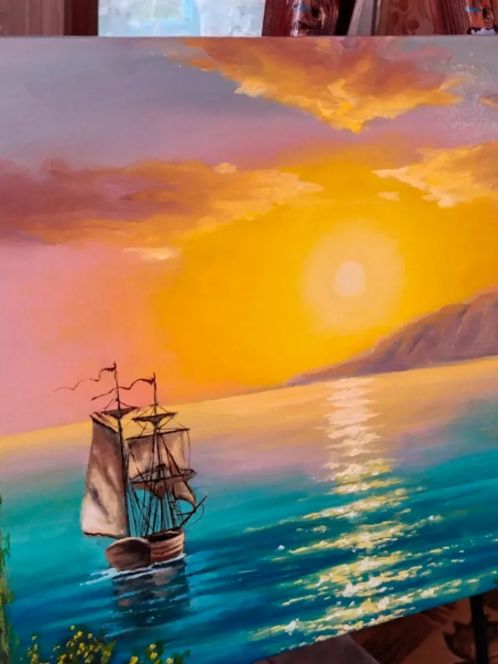 Seascape oil painting Sunset with clouds art Ship in Turquoise water Slender and tall junipers Bright Wall art on canvas
