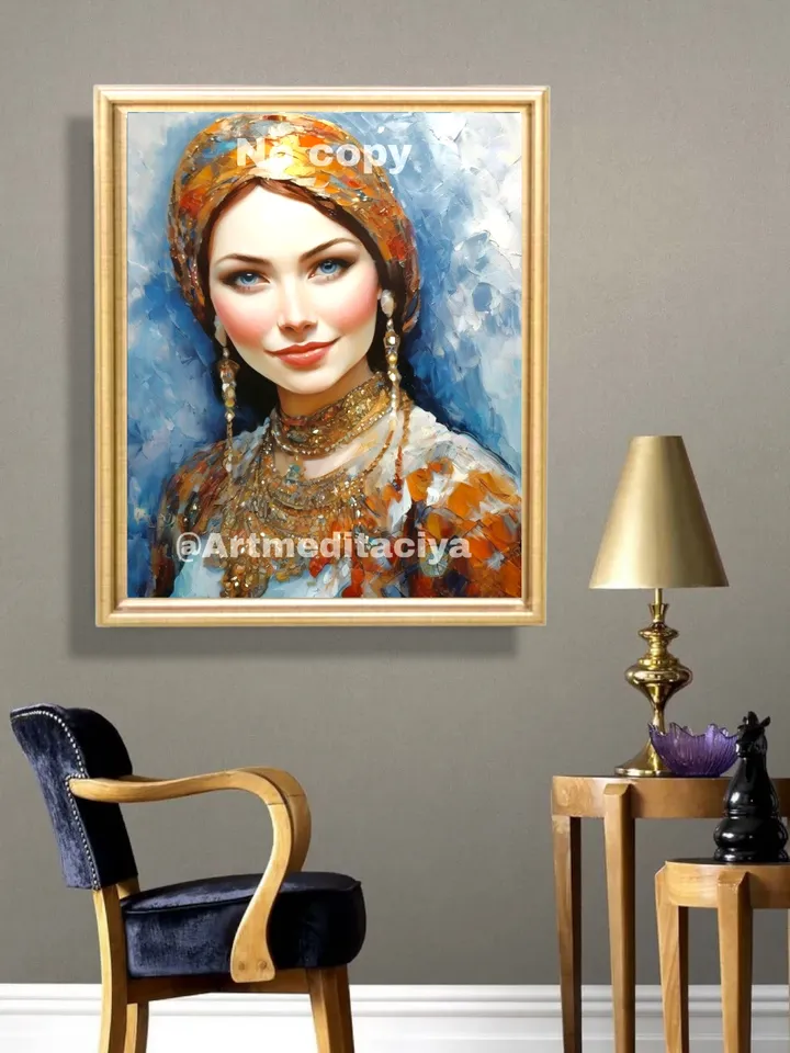 Digital textural abstract modern painting "Mysterious Stranger", a sweet blue-eyed red-haired Slavic woman in a silk golden-blue scarf and dress on an abstract white-blue background, made in the ethnostille of oil painting with a palette knife