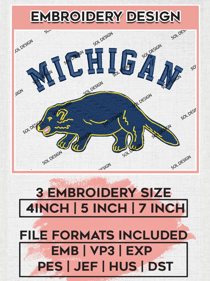 NCAA Michigan Wolverines Team Mascot Logo Embroidery Design Files, NCAA Michigan Wolverines Machine Embroidery, NCAA Teams, 3 sizes, NCAA Machine embroidery designs, Digital Download