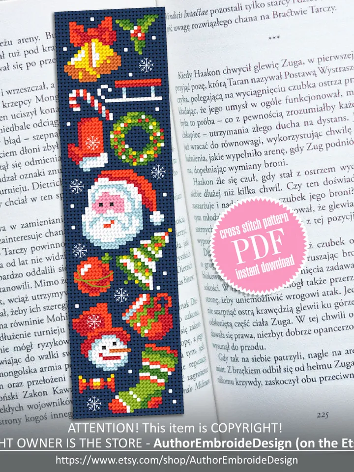 Christmas bookmark cross stitch pattern PDF download Christmas sampler cross stitch chart Bookmark pattern digital PDF Book lover gift #B230