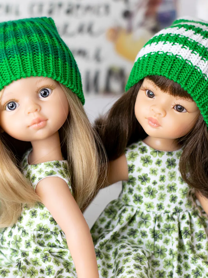 Striped green elf hat for Paola Reina doll, Meadowdolls Dumplings, Little Darling, Siblies RRFF for St Patrick's Day