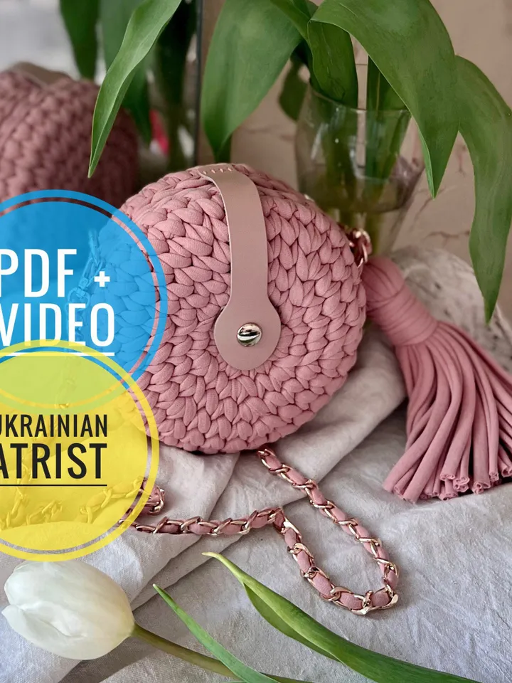 Crochet pattern round bag with t-shirt yarn, PDF digital instant download, video tutorial