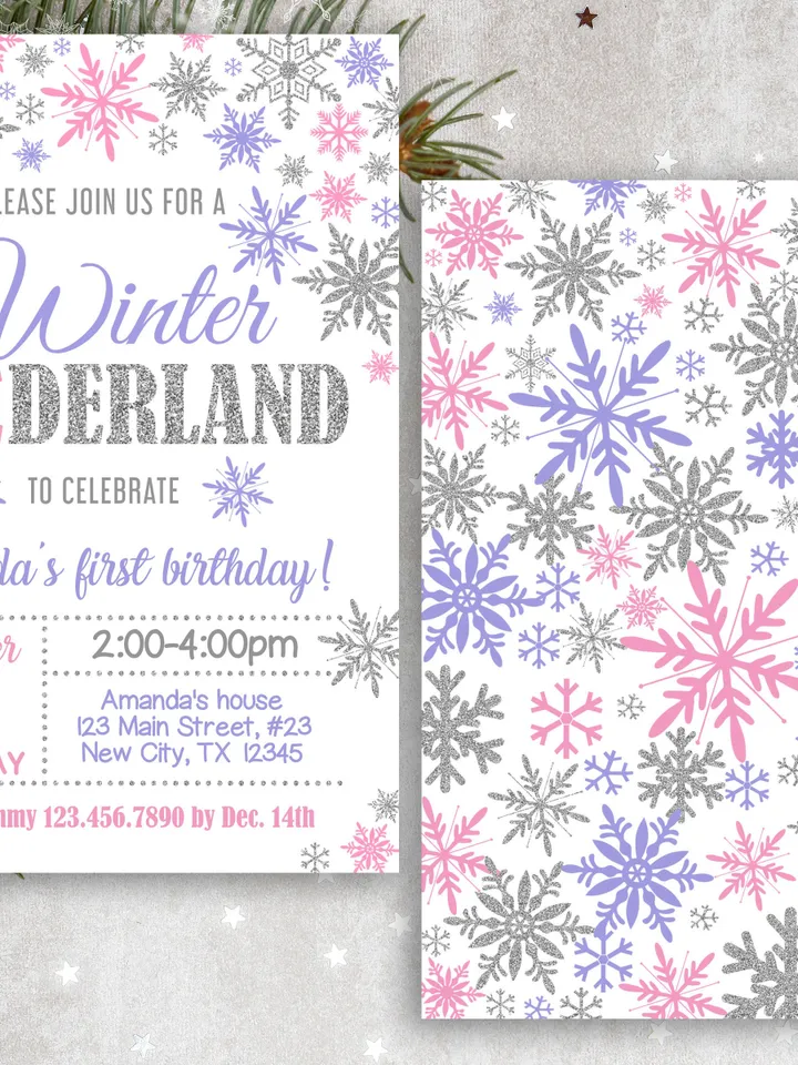 Winter Onederland Birthday Girl Invitation 1st Birthday Invitation, Winter Wonderland Birthday Invitation, Pink Purple Silver Snowflake