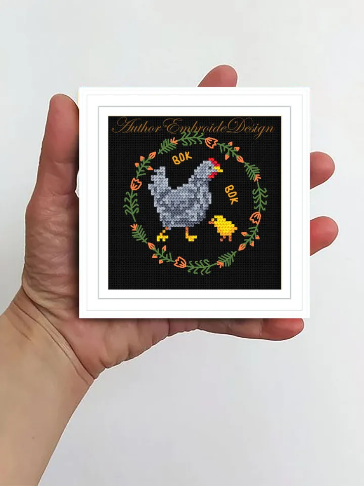 Floral Chicken cross stitch pattern PDF download Hen and Chick cross stitch chart, Small chicken pattern digital PDF, Chicken gift #K28