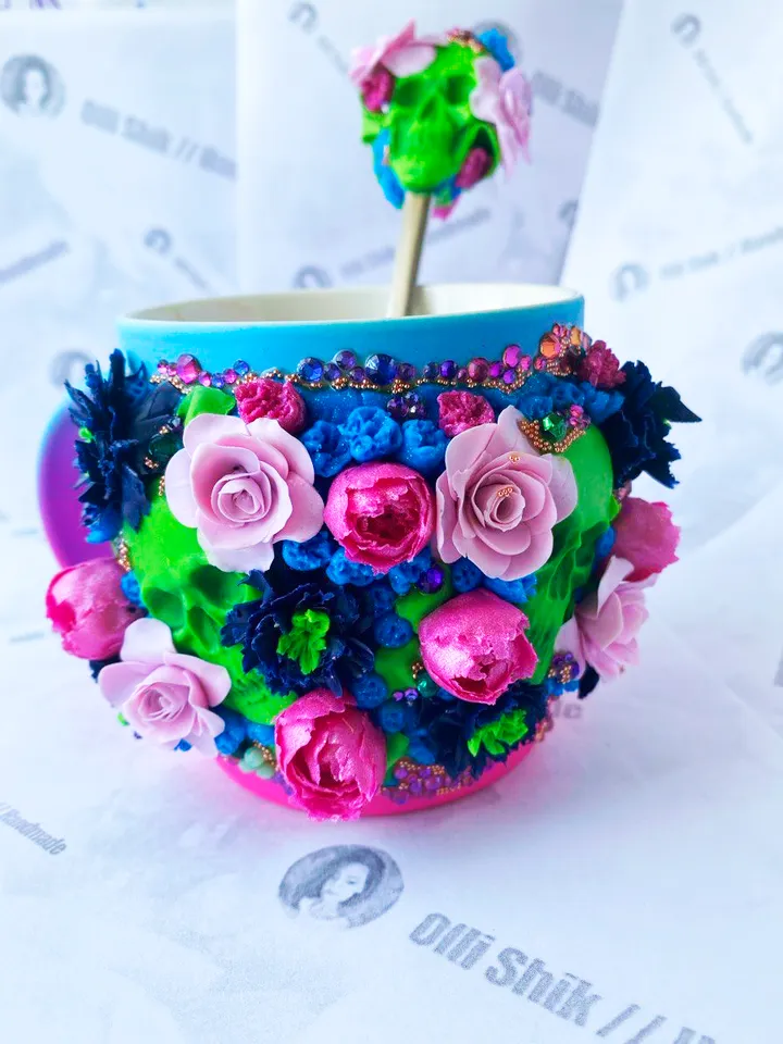 mug and spoon handmade skull decoration flowers