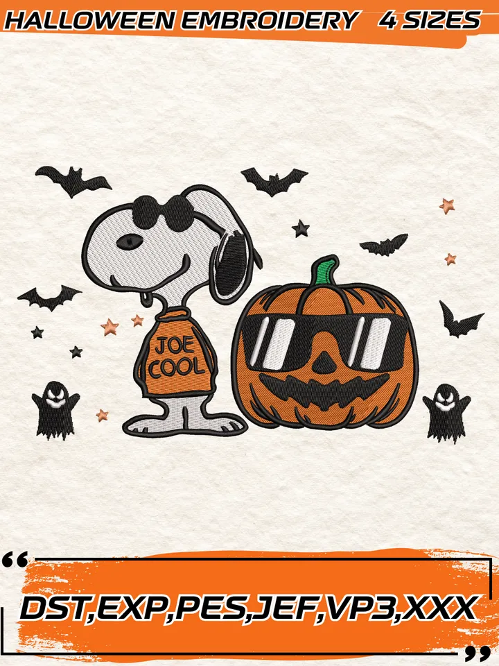 Snoopy Joe Cool Pumpkin Halloween Embroidery Design,Halloween Embroidery Design,4 Sizes, Digital Download