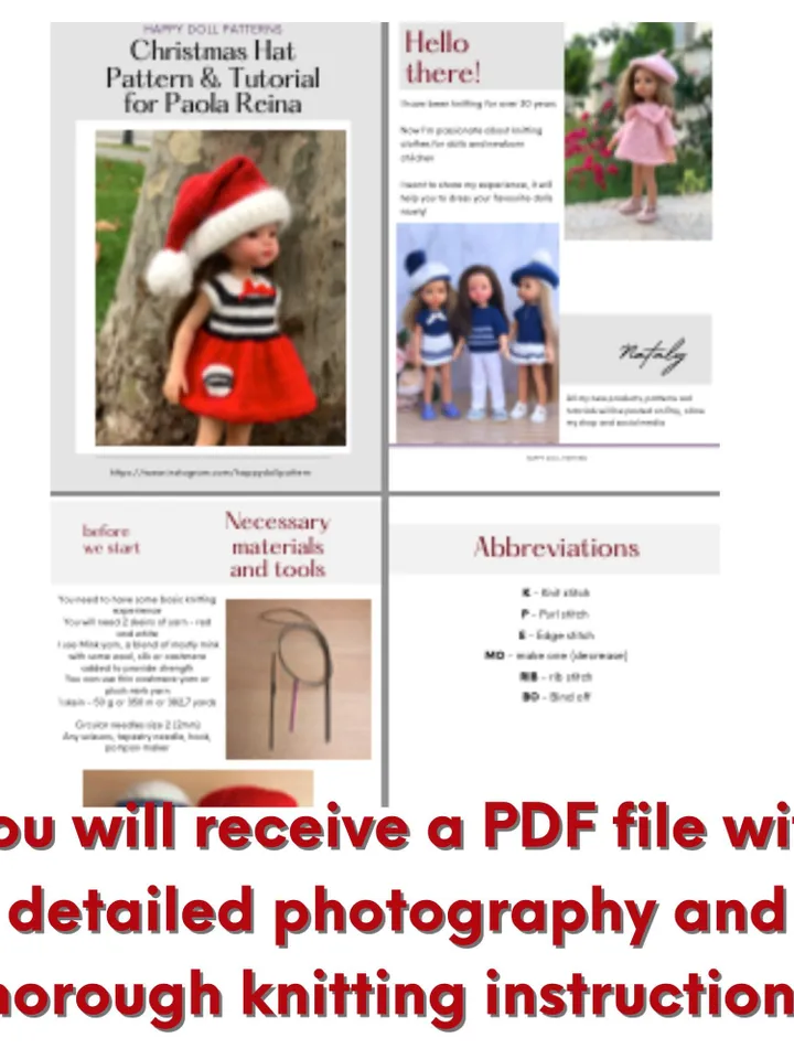 PDF CHRISTMAS hat Paola Reina knit pattern / Christmas hat for Boneka 12-13 inch doll, Ruby Red Siblies, Les Cheries 32 cm eng