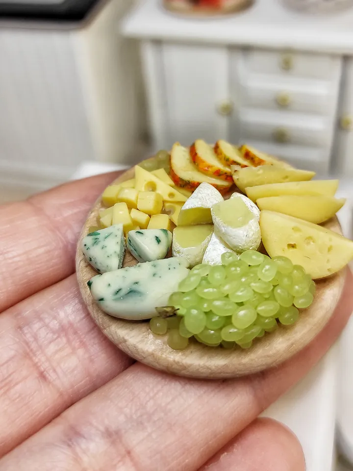 Cheese Board - Cheese platter - realistic polymer clay cheese - food for dolls - dollhouse miniature - gift ideas