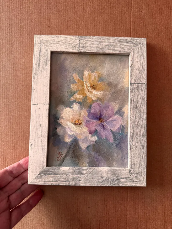 Flowers Original Painting Framed Painting Shabby Chic Painting Floral Wall Art