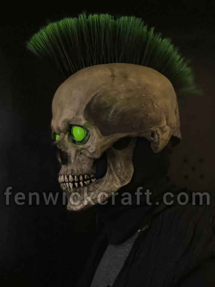 Rock Punk Skull/Helmet mask With Movable Jaw/Green Hair and Eyes