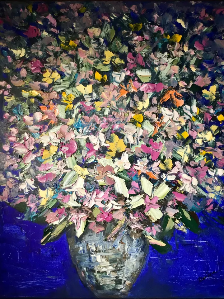 Flowers in a vase on blue background,posters from my original oil impasto painting on canvas,textured painting,colourful flowers wall art.