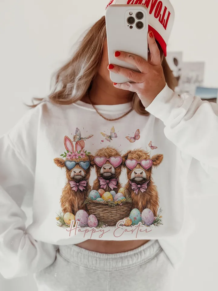 Easter Day Highland Cow PNG, Cute Cow Easter Png, Retro Easter Png, Happy Easter Sublimation Design, Digital Download