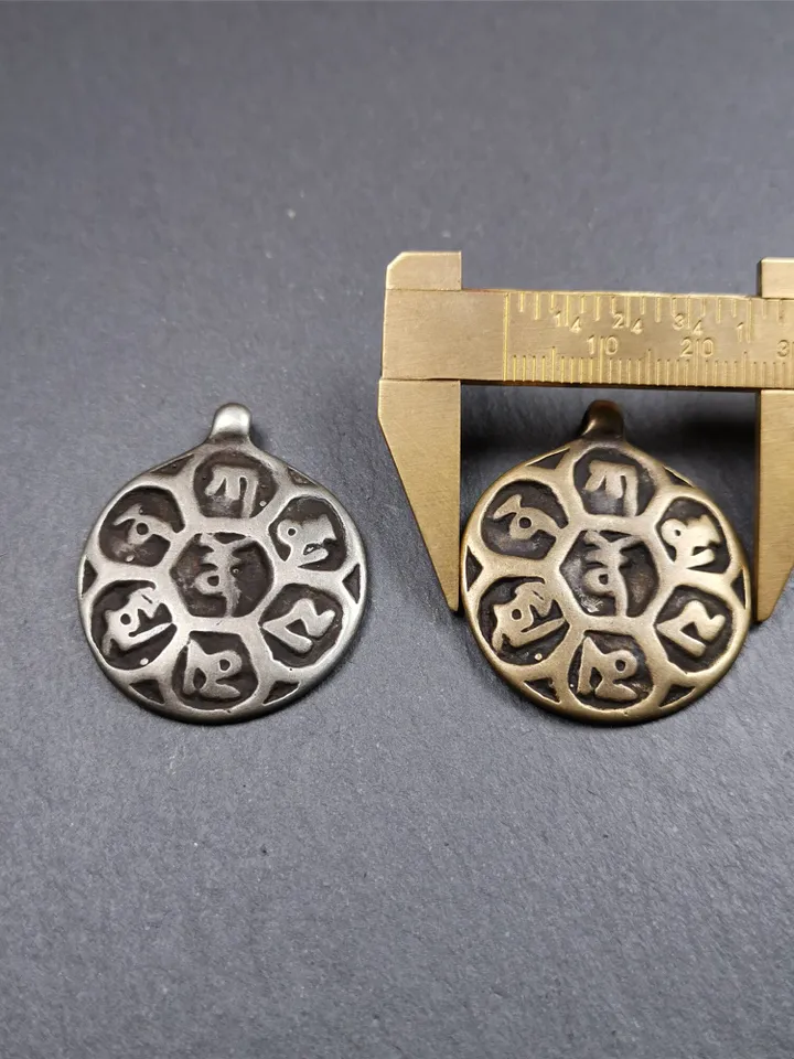 Gandhanra Handmade Tibetan Buddhist Amulet,Om Badge Pendant, Mantra of Om Mani Padme Hum, Made of Brass,1.26"