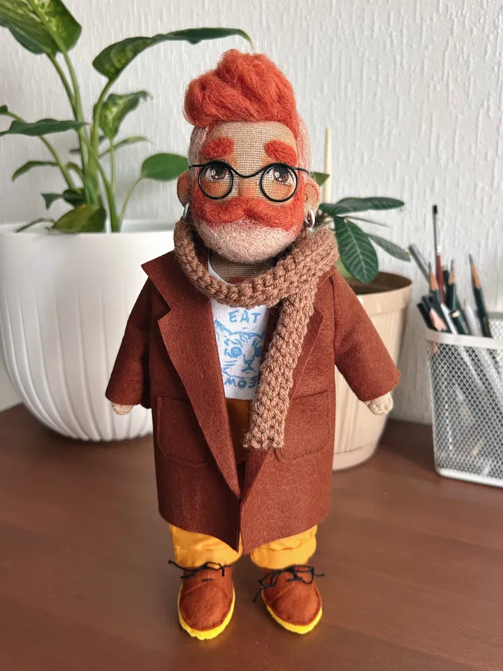 Textile art doll bearded man with ginger hair