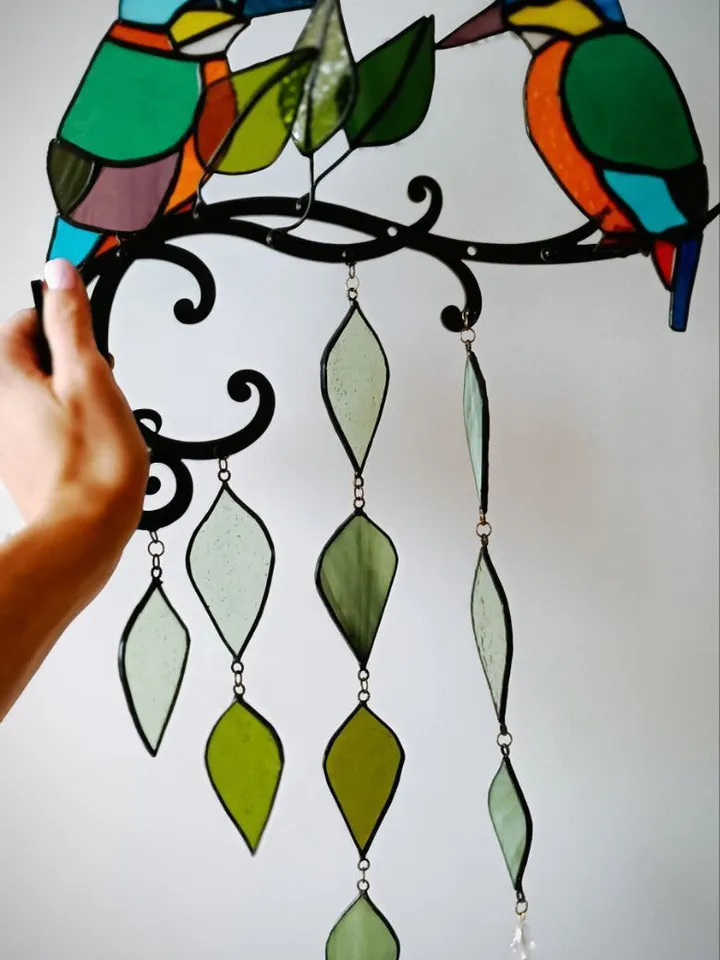 Kingfishers on a Birch Branch – Tiffany Stained Glass on Metal Base, Stained Glass Kingfishers on Metal Frame – Handmade Artwork, Tiffany Stained Glass Birds on Birch Branch – Wall Hanging, Artistic Stained Glass Kingfishers – Tiffany Technique Creation