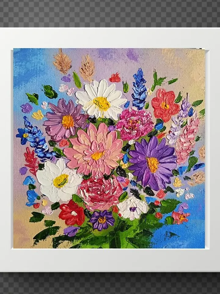 Oil Painting Bright Flowers Chamomile Roses Artistic Miniature Impasto 6 x 6 inc