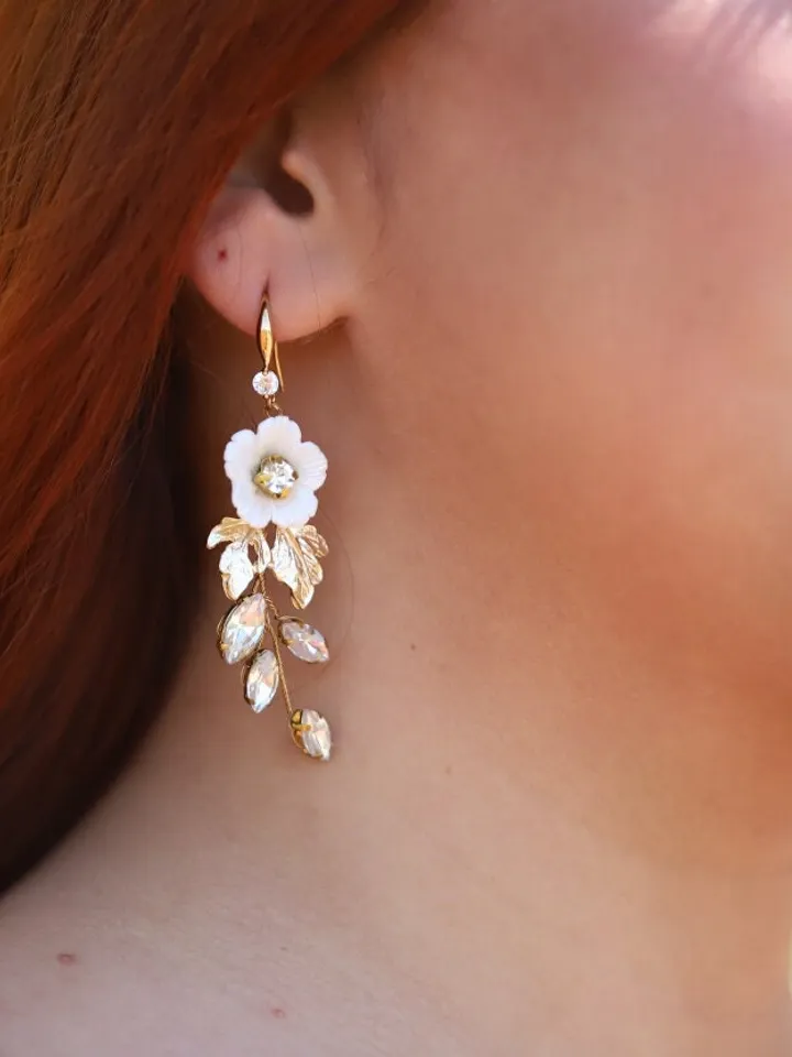 Porcelain Flower Wedding Earrings, Gold Floral Statement Bridal Earrings, Boho Wedding Earrings, Statement Wedding Jewelry Set, Jewellery