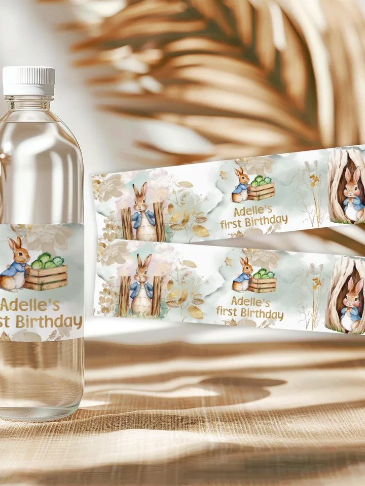 Editable and Printable water bottle Label template 1st Baby Birthday party in Peter Rabbit style instant download and unlimited access pr888