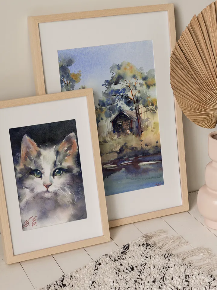 Kitten painting Original watercolor small art by Yulia Evsyukova