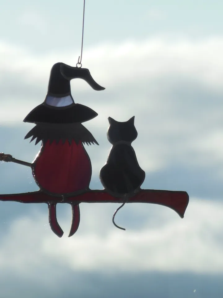 Victorian Witch with Black Cat Halloween , Art stained glass window hanging Suncatcher