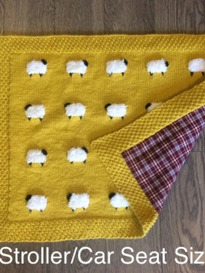 Reversible Sheep Baby Blanket, Handknit, Fuzzy Sheep, Flannel on Reverse (Optional) 3 Sizes