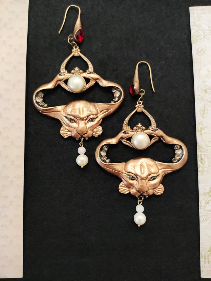 Custom Art Nouveau Symbolist earrings crowned with two snakes
