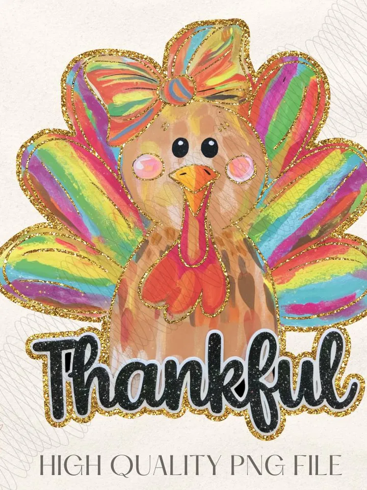 Colorful Coquette Turkey Png, Glitter Turkey Thanksgiving Png, Thankful Png, Dalmatian Dots Bow Fall Png, Hand Drawn, brushstroke