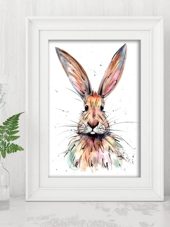 Original watercolor hare, animal painting, room decor, animals lover gift, 8x11 in bunny art with splashes and streaks of watercolor by Anne Gorywine