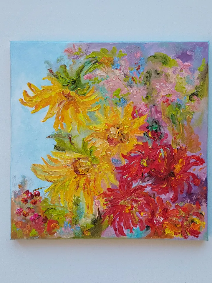 "Still life. Sunflowers" oil painting on canvas 30x30cm (12x12inch)