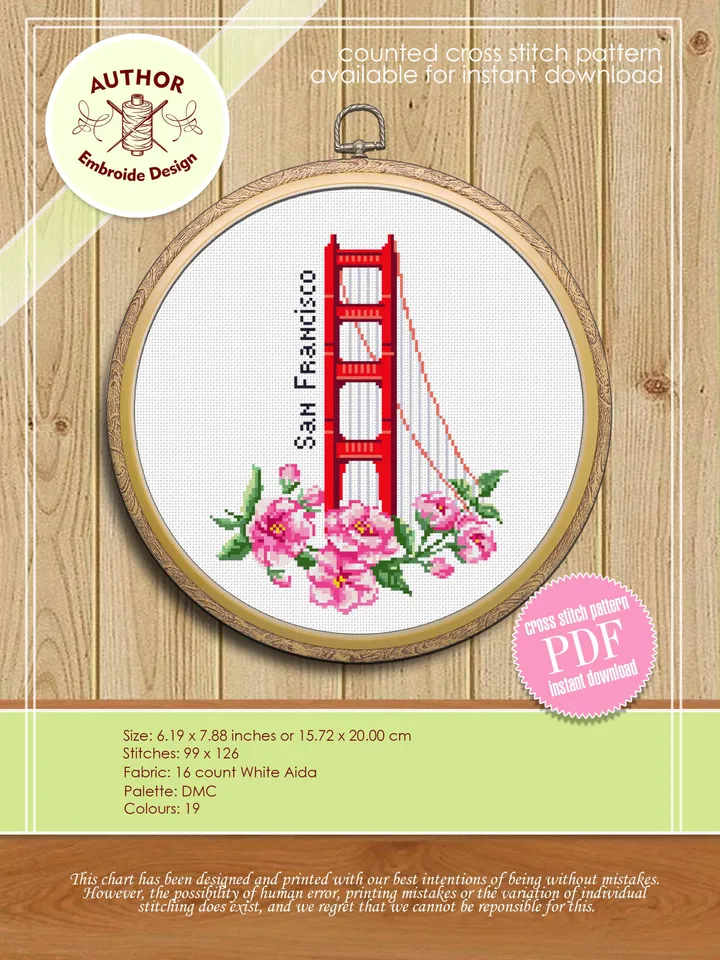USA cross stitch pattern download PDF Golden gate bridge pattern digital PDF Spring flowers cross stitch chart Nature embroidery #E12