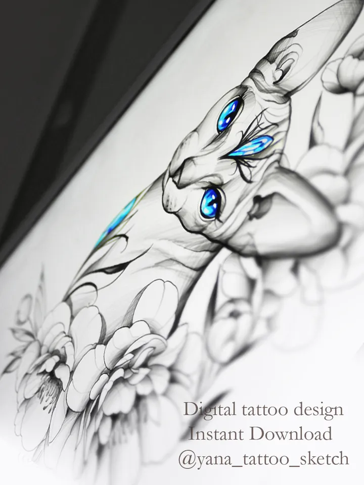 Sphynx Cat Tattoo Design Cat Sphynx Tattoo Idea Stencil Sketch, Instant download PDF, JPG