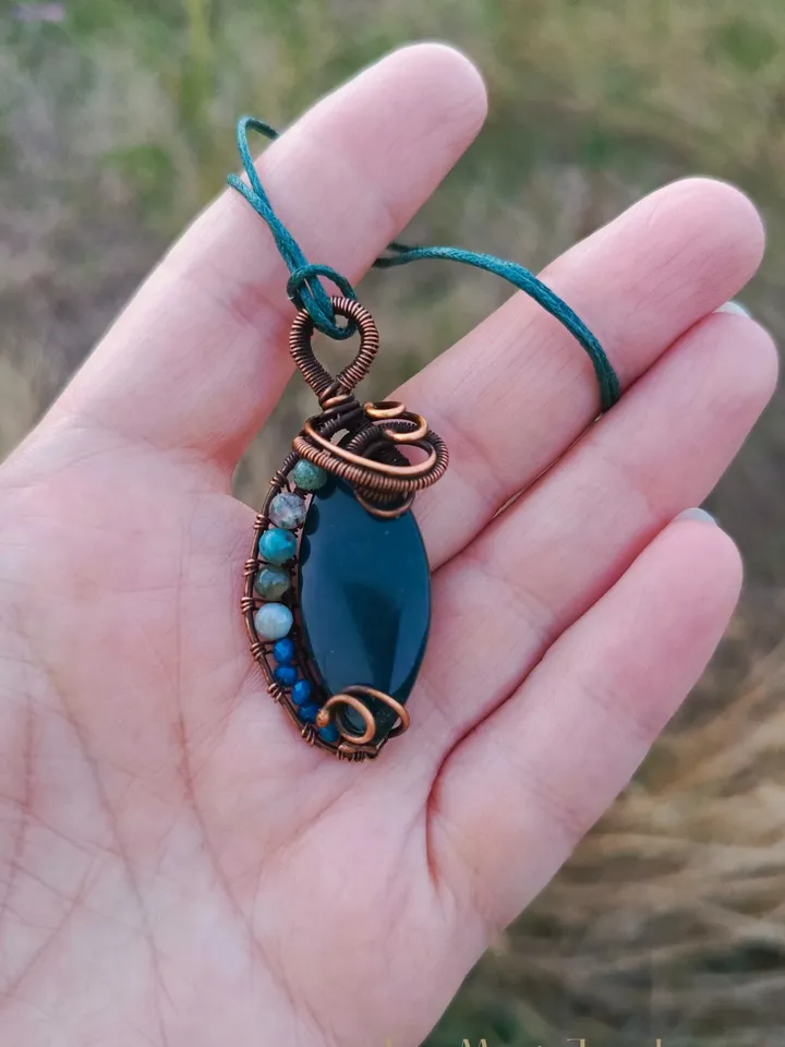 Wire Wrap Copper Pendant with Moss Agate and Beads
