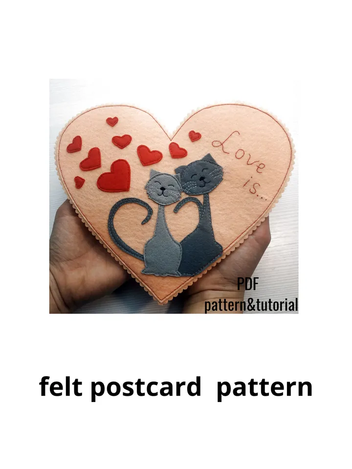 felt pattern, Valentines day card, Valentines day card pattern, felt cute postcard pattern, felt heart pattern, Valentines day gift, Valentines day décor, felt heart PDF sewing pattern, love romantic card, anniversary engagement card, Valentines ornament