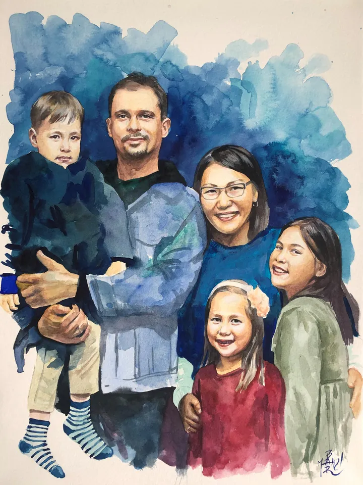 5 person Watercolor portrait Original art Handmade