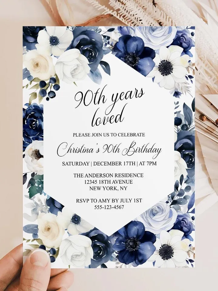 90th Birthday Invitations, Printable 90th Birthday Party Invitation, Navy Blush Floral 90th, 95th Birthday Invite - i133(2)
