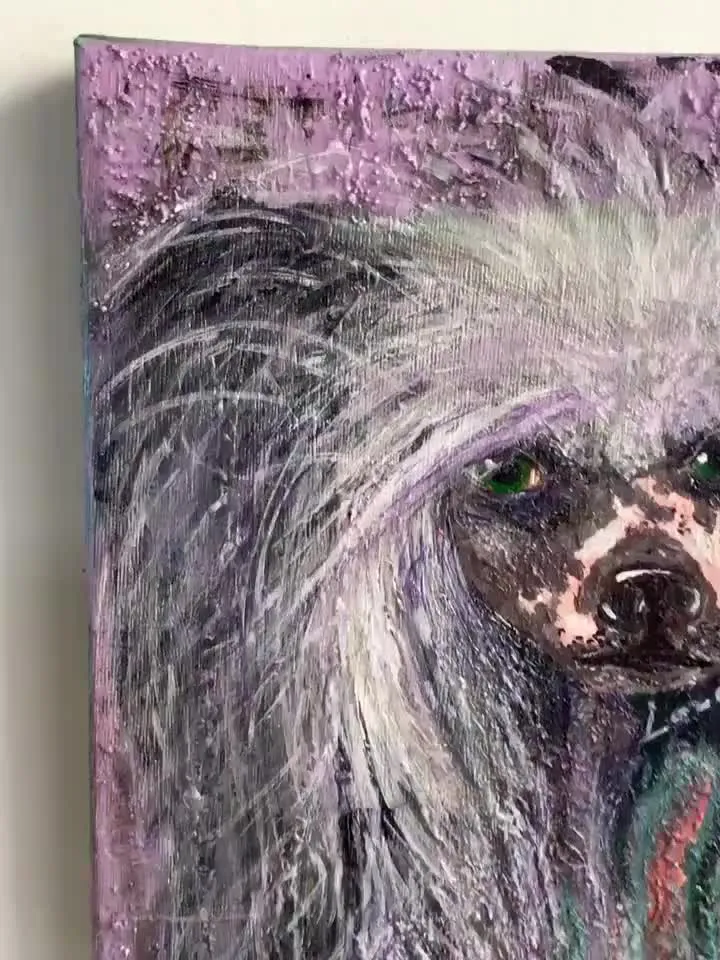 Chinese crested dog abstract painting,acrylic mix mefia painting on canvas,dog lovers gift.