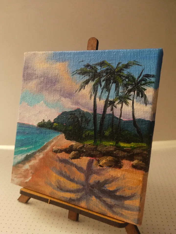 Original Palm Seascape Oil Painting, miniature canvas with easel, Ocean seaside art decor, Unique gift for art lover