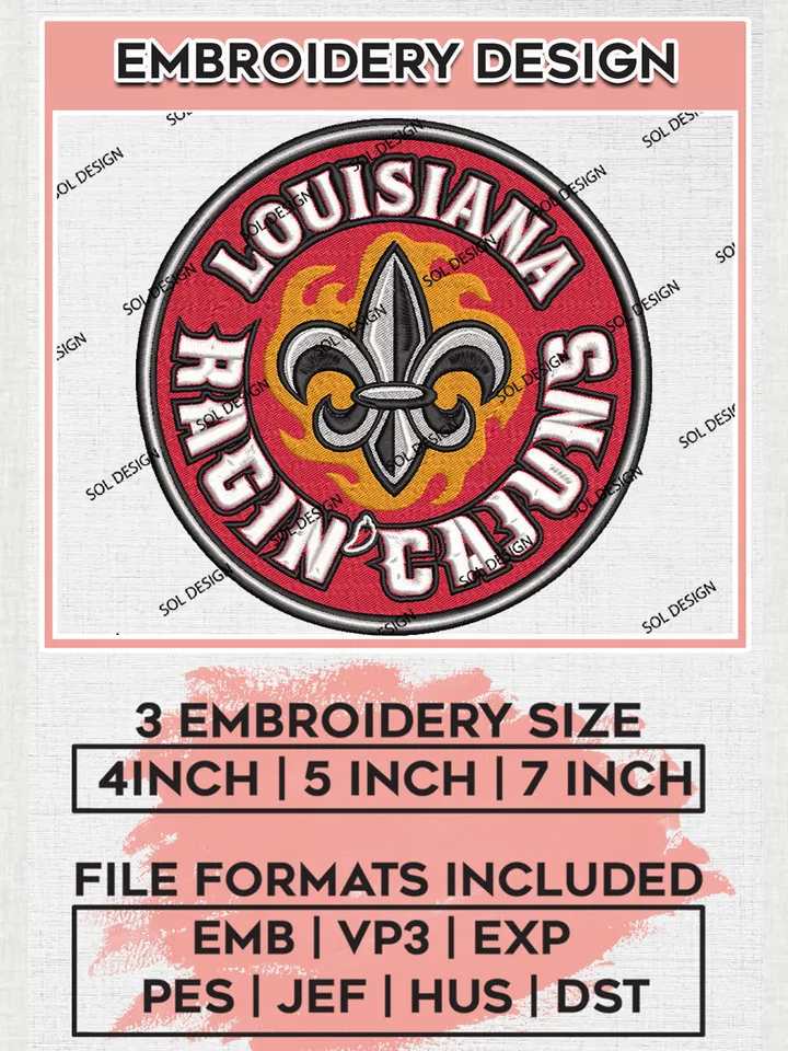 NCAA Louisiana Ragin Cajuns Team Round Logo Embroidery Design Files, NCAA Louisiana Ragin Cajuns Machine Embroidery, NCAA Teams, Game Day, 3 sizes, NCAA Machine embroidery designs, Digital Download