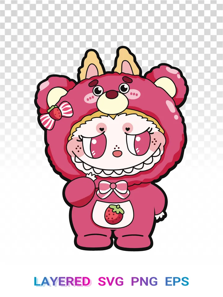 Labubu Strawberry SVG, Kawaii Cartoon PNG, Pink Cute Layered Cricut